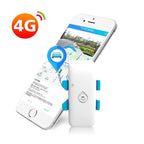 White smartphone displaying map with car location pin and white GPS tracking device with blue buttons, with 4G symbol